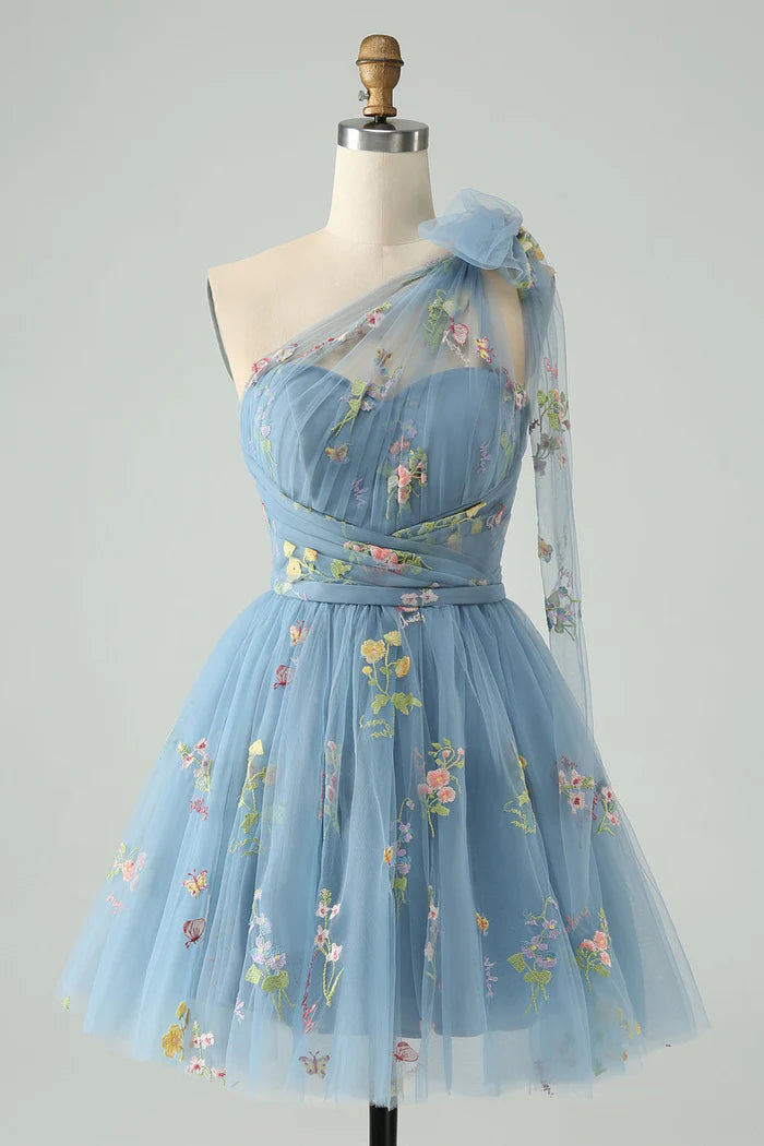 Weitese Dress Grey Blue A Line One Shoulder Tulle Short Homecoming Dress Sleeveless Floral Embroidery Party Dress